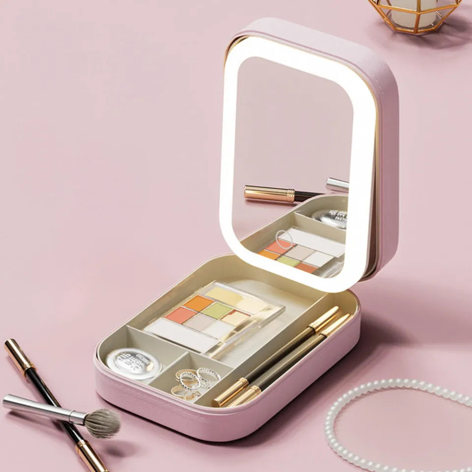 Makeup Storage Box With LED Light Mirror Portable Travel Makeup Cosmetics Storage Box Touch Light Storage Organizer
