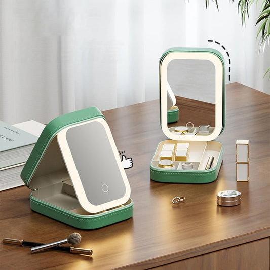 Makeup Storage Box With LED Light Mirror Portable Travel Makeup Cosmetics Storage Box Touch Light Storage Organizer